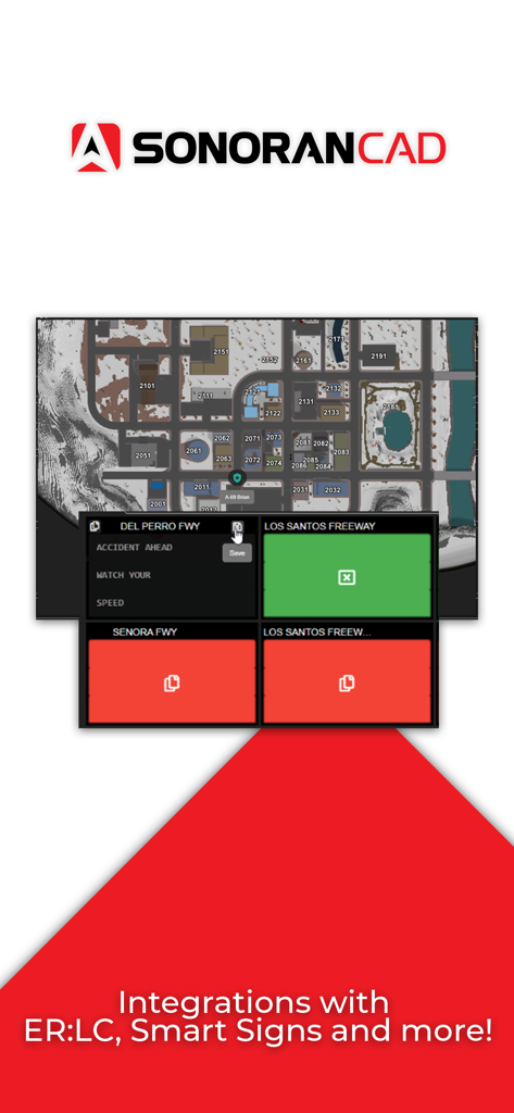 Sonoran CAD - Sonoran CAD app screen showing a map with smart sign controls for roleplay games