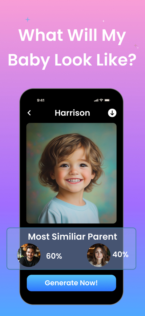 AI Baby Generator: Baby Maker - Interfaz de la aplicación generadora de bebés IA mostrando el rostro de un niño generado y porcentajes de similitud con los padres
