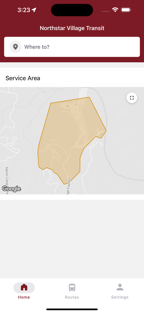 Northstar Village Transit - Northstar Village Transit app home screen displaying the service area map and destination search bar