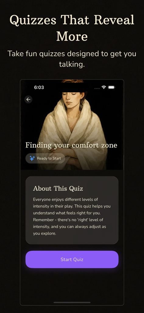 A mobile screen showing a relationship quiz titled Finding your comfort zone in the BeMoreKinky app for couples.