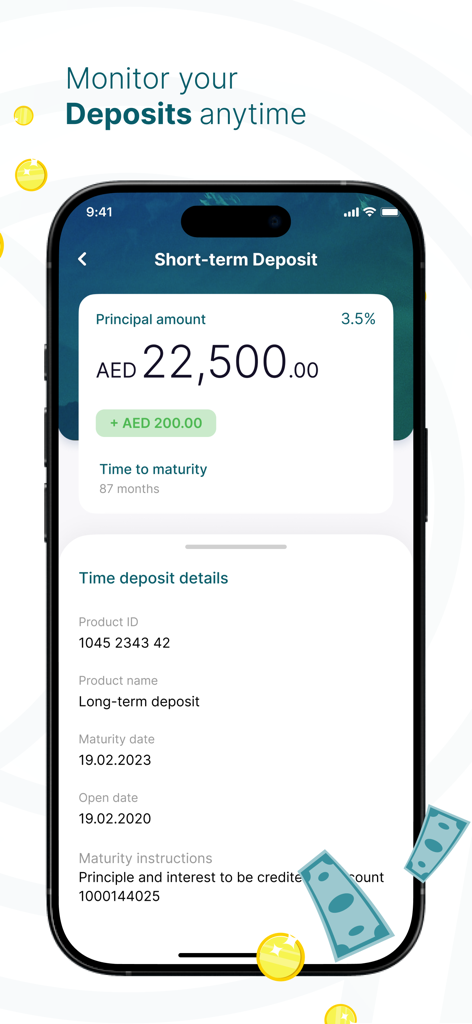AAIB Business mobile app interface showing short term deposit details including principal amount in AED and maturity information