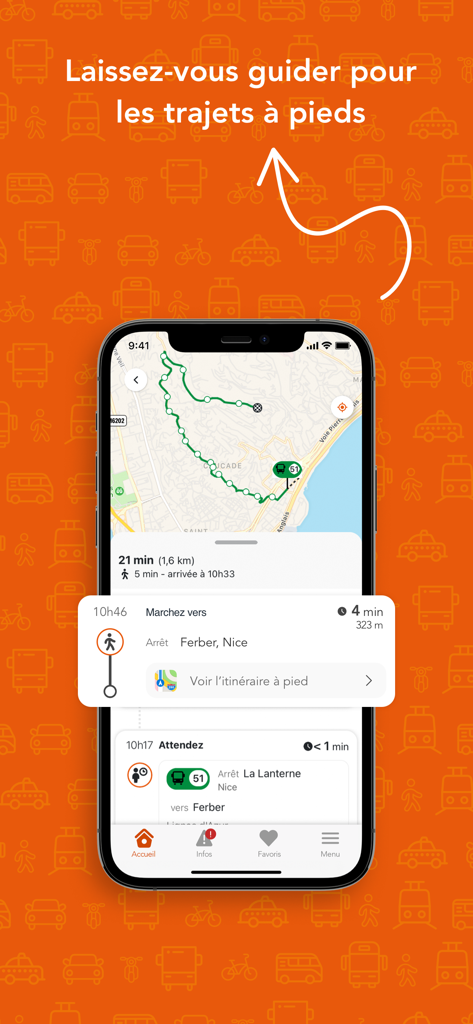 Lignes d'Azur Mobileアプリの歩行者ナビゲーションと地図インターフェース。ニース用。
