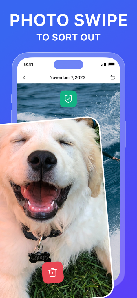 Ora Cleaner App-Oberfläche zeigt die Wisch-Sortierfunktion mit einem Foto eines Hundes