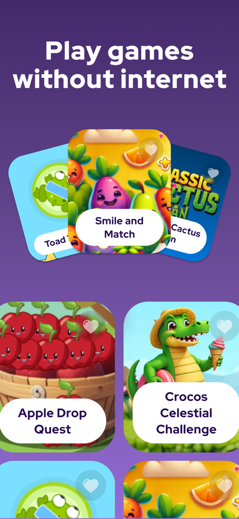 Offline Puzzle Games - No WiFi - Interface of the Offline Puzzle Games app showing a variety of colorful mini games like Smile and Match and Apple Drop Quest.