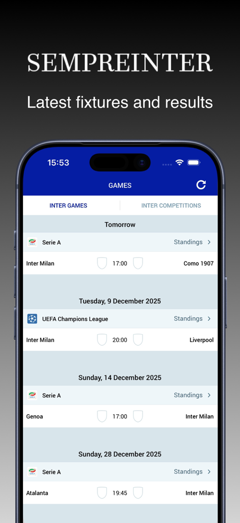 Sempre Inter app displaying upcoming Inter Milan match schedules for Serie A and UEFA Champions League