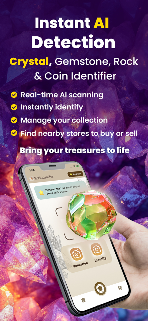 Rock Identifier: Stone Checker - Smartphone screen displaying the Rock Identifier app scanning a colorful gemstone for instant AI detection