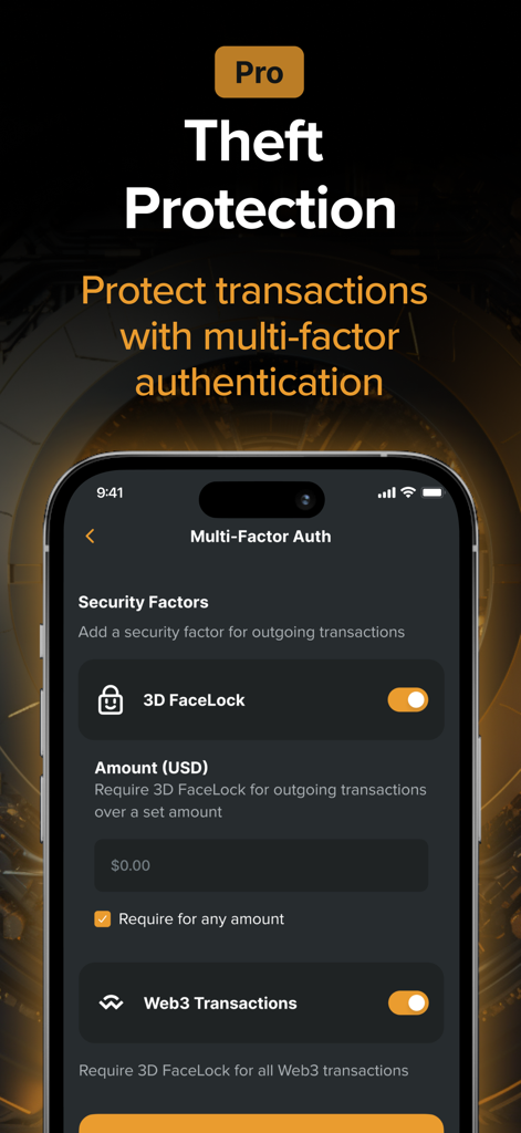 Interface de l'application Zengo Pro montrant les paramètres d'authentification multifacteur et 3D FaceLock pour la protection contre le vol de crypto