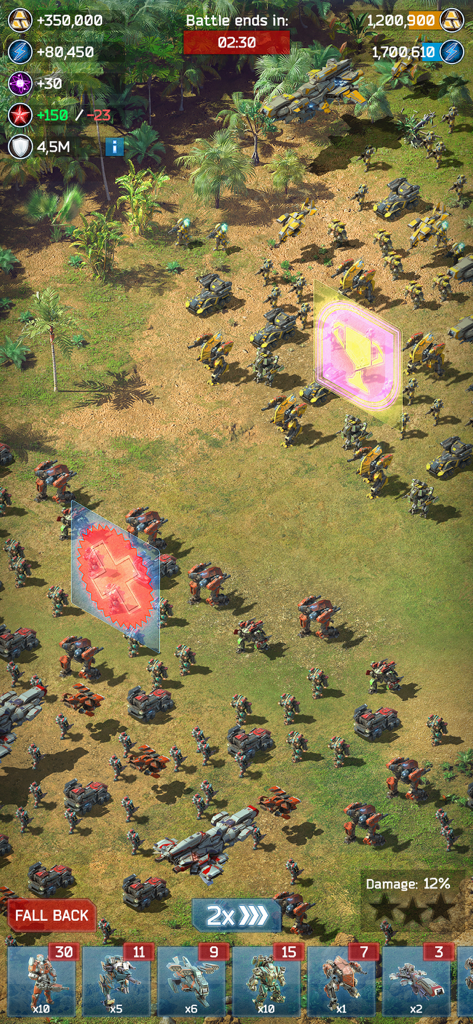 Battle for the Galaxy War Game - Echtzeit-Strategieschlachtszene in Battle for the Galaxy, die futuristische Roboter und Fahrzeuge im Kampf auf einer tropischen Karte zeigt.