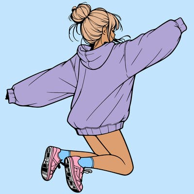 realistic girl jumping with a bun and oversized sweatshirt