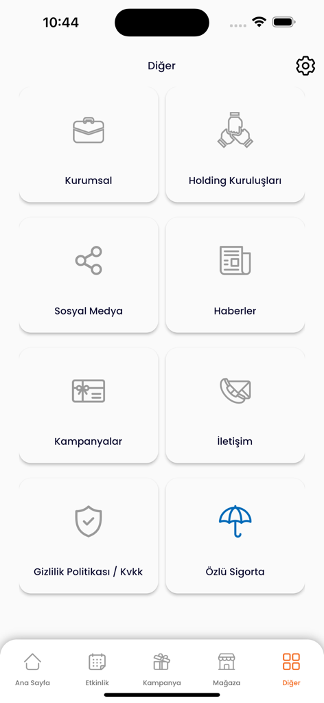 Özdilek AVM - Menu options screen of the Ozdilek AVM app showing corporate news and social media links