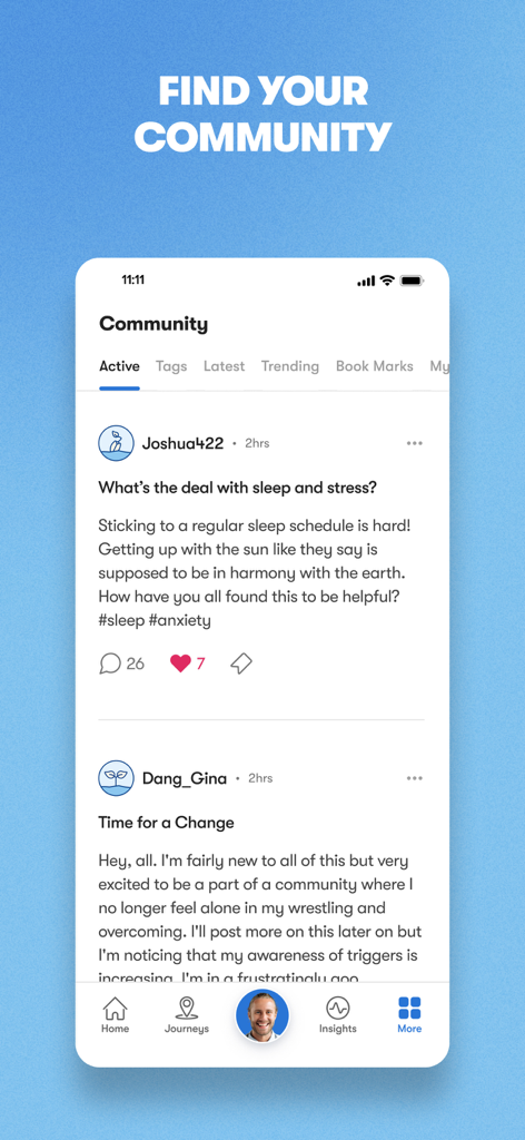 Screenshot of Fortify app community section showing user posts and supportive discussions.