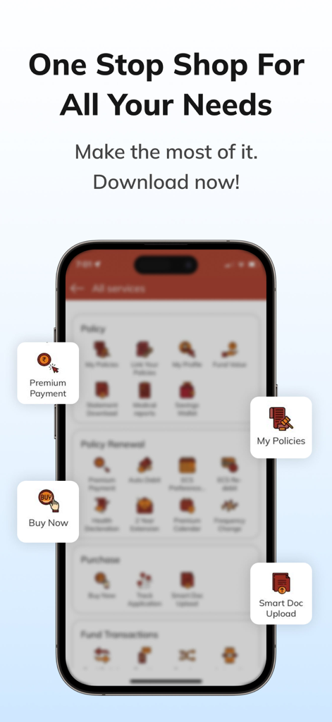 A mobile interface of the ICICI Prudential Life App highlighting various insurance services like premium payment and policy management