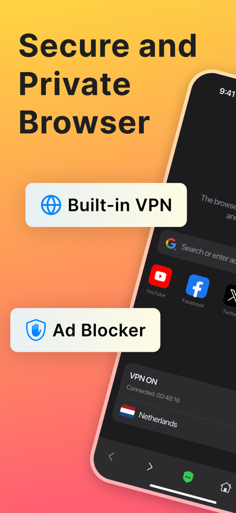 Dark Web Browser - VPN Proxy - Dark Web Browser app interface highlighting secure and private browsing with built-in VPN and ad blocker features