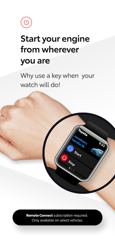 A person using the Toyota app on an Apple Watch to remotely start a car engine.