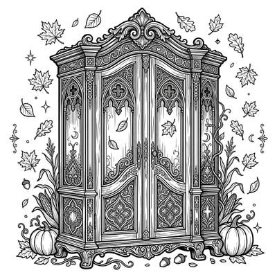 Unleash your creativity with this magnificent gothic wardrobe, intricately designed and set against a backdrop of falling autumn leaves. It offers a unique blend of elegance and seasonal charm, perfect for a relaxing coloring session.