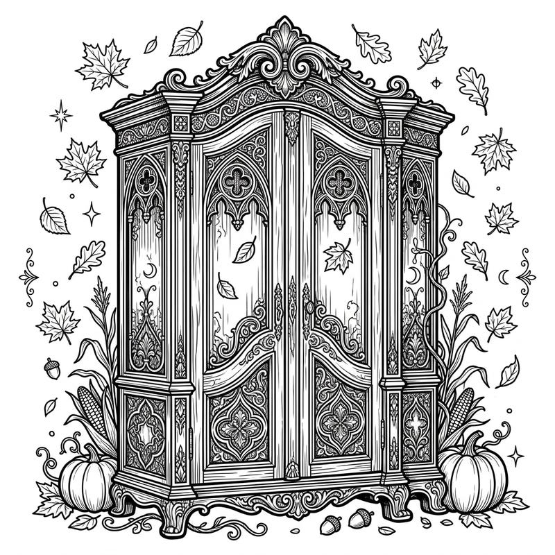 Unleash your creativity with this magnificent gothic wardrobe, intricately designed and set against a backdrop of falling autumn leaves. It offers a unique blend of elegance and seasonal charm, perfect for a relaxing coloring session.