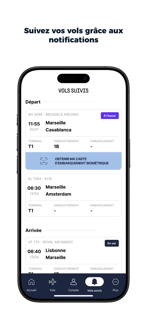 Aéroport MP - App dell'Aeroporto di Marsiglia che mostra il tracciamento dei voli in tempo reale per partenze e arrivi