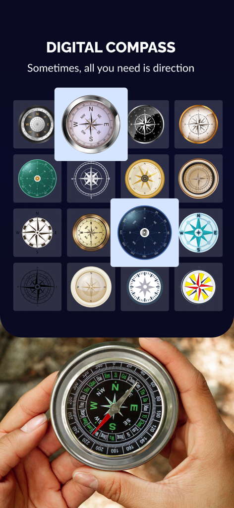 Simple Digital compass for you - Interface of the digital compass app showing various skin designs and a real compass for comparison