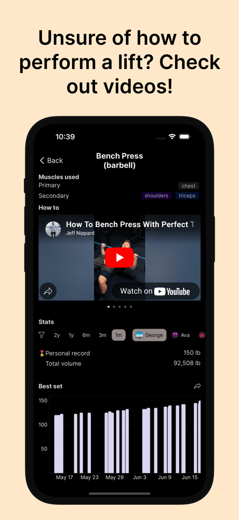 Titan Workout Tracker - Titan Workout Tracker app screen showing an exercise tutorial video and progress charts for bench press