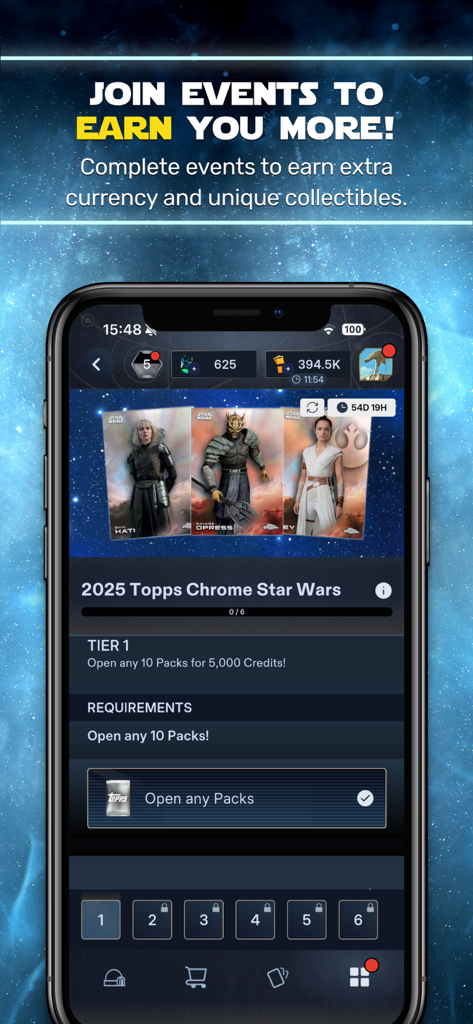 Star Wars Card Trader by Topps - Captura de pantalla de la aplicación móvil Star Wars Card Trader de Topps que muestra la página de eventos y las tarjetas digitales Topps Chrome de 2025