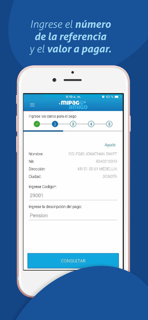 mipagoamigo - Teléfono inteligente mostrando el formulario de la aplicación mipagoamigo para ingresar una referencia y descripción de pago para una pensión colombiana