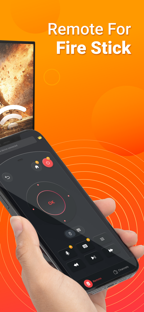 Remote for FireStick and TV - Amazon Fire Stick用のデジタルリモコンインターフェース、ナビゲーションボタンと再生ボタンが表示されたスマートフォンを表示している人物