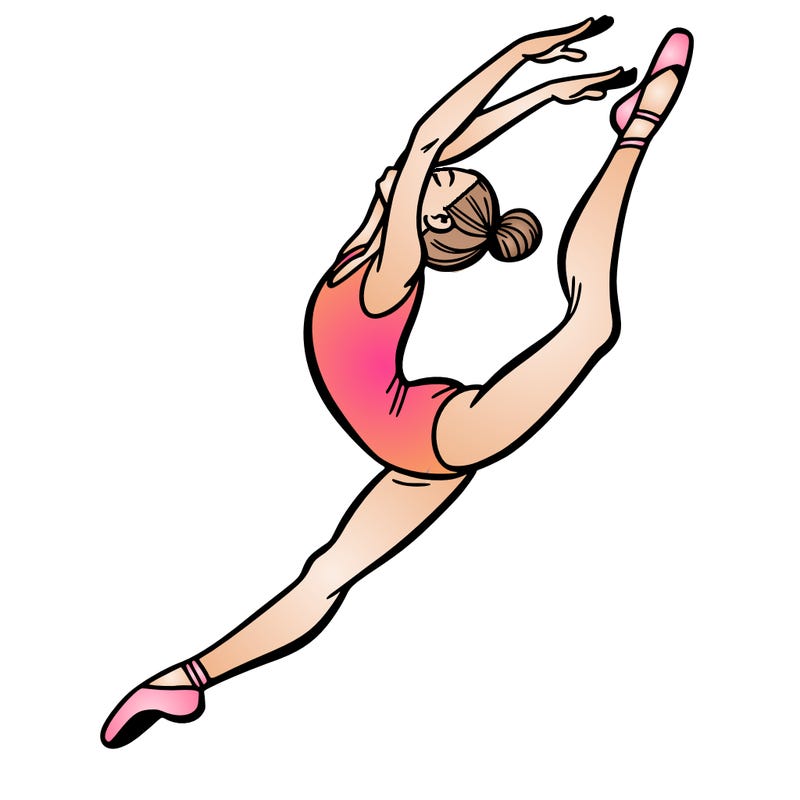 gymnast doing a leap in a leotard with a bent back leg
