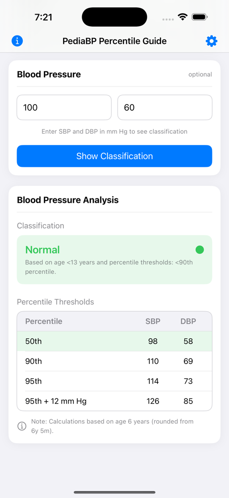 PediaBP by AMF - PediaBP app screen showing pediatric blood pressure classification and percentile table