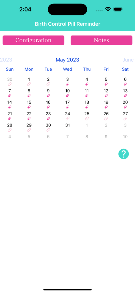 Birth Control Pill Reminder + - Monthly calendar view showing daily birth control pill tracking
