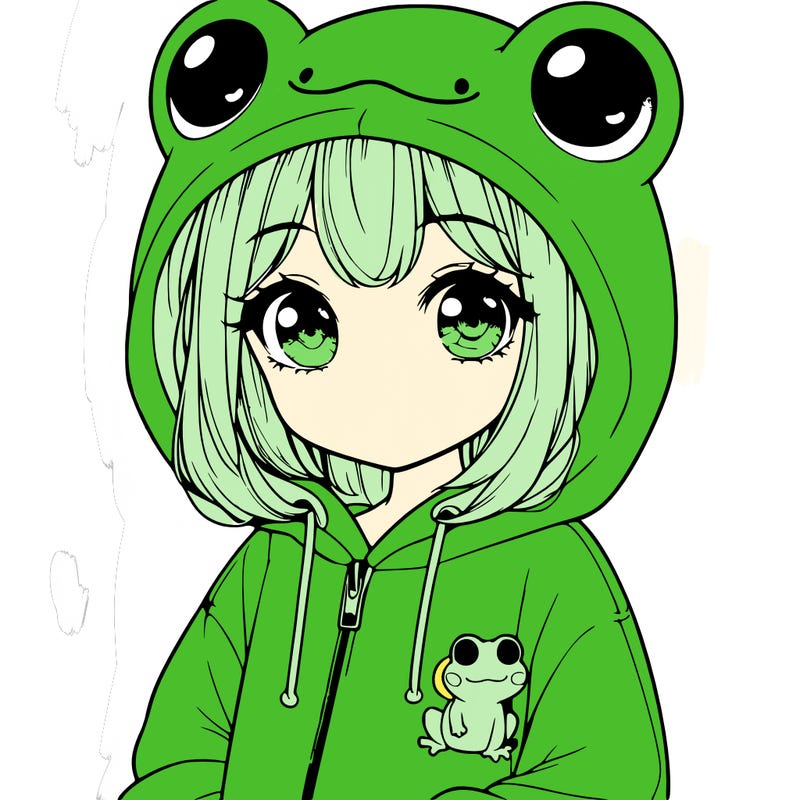 cute realistic girl in a froggy hoodie