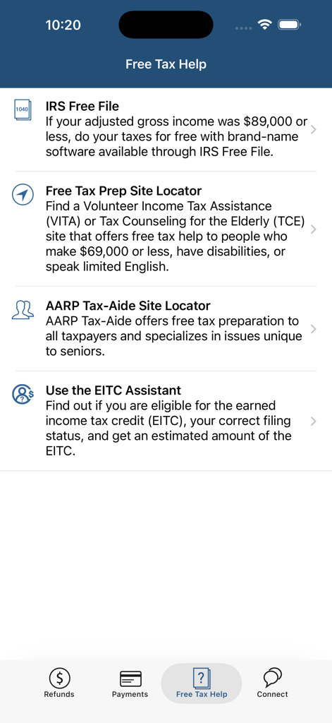 IRS2Go app screen displaying free tax help options including site locators for VITA and AARP Tax-Aide