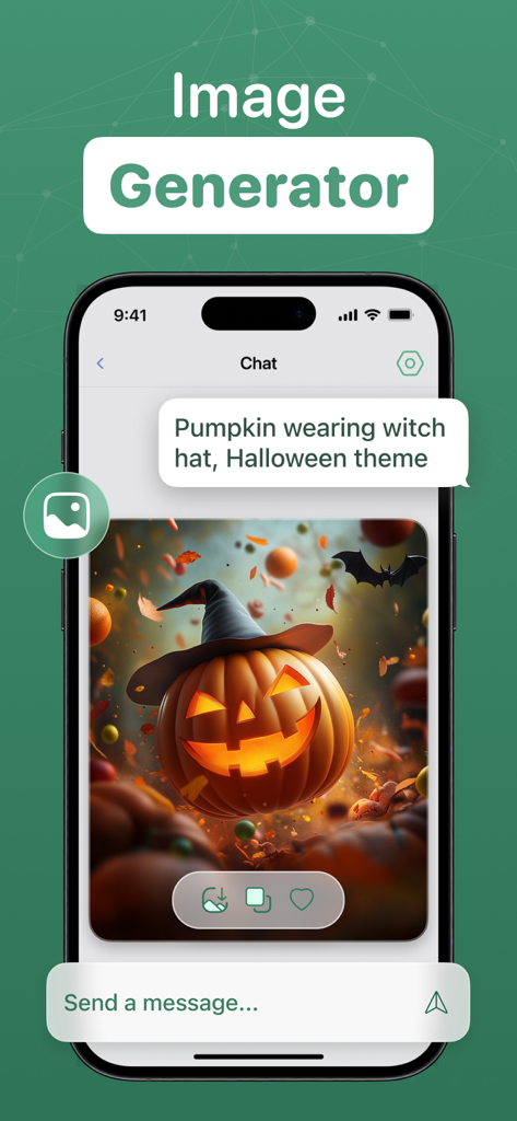 AI Chat Assistant - ChatAI Bot - AI image generator feature showing a generated Halloween pumpkin wearing a witch hat