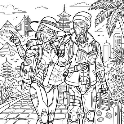 Join two highly advanced assassin cyborgs as they trade their missions for an exciting global vacation, exploring famous landmarks from pyramids to pagodas. This captivating coloring page combines futuristic heroes with the joy of travel, offering a unique and engaging artistic journey.