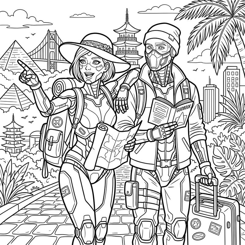 Join two highly advanced assassin cyborgs as they trade their missions for an exciting global vacation, exploring famous landmarks from pyramids to pagodas. This captivating coloring page combines futuristic heroes with the joy of travel, offering a unique and engaging artistic journey.