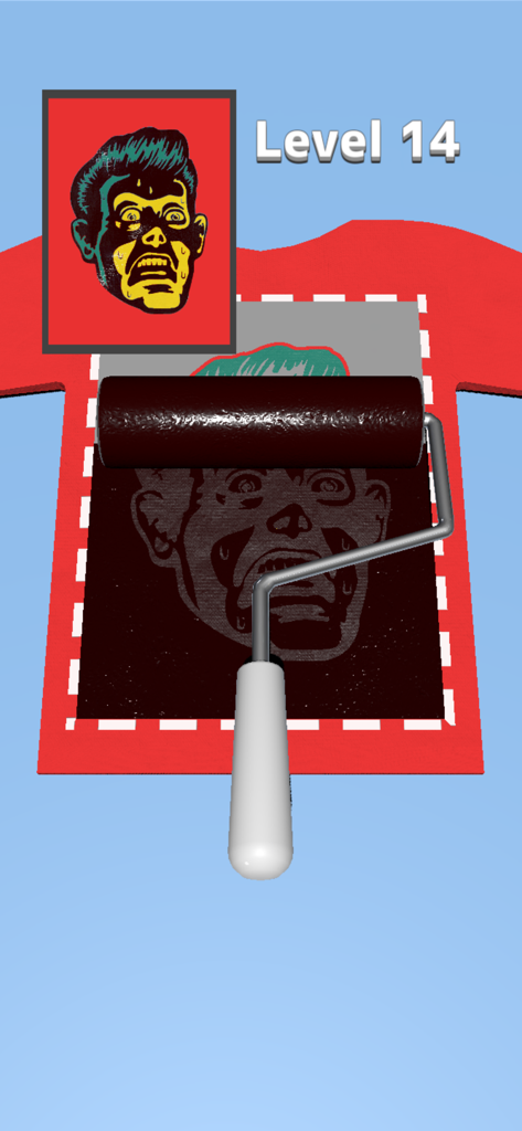 Masking Print - A player using an ink roller to print a graphic face on a red t-shirt in Masking Print game