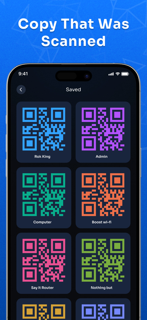 A list of saved WiFi QR codes with custom labels in the Wifi Share Manager app