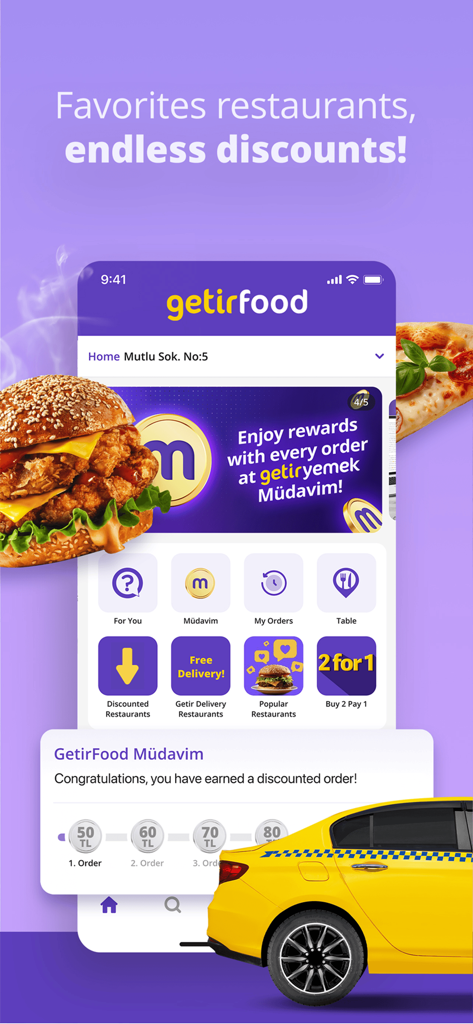 getir: groceries, food&beyond - レストランの割引とロイヤルティ特典を特集したGetirモバイルアプリのフードデリバリーインターフェース