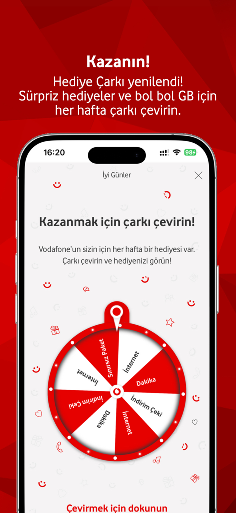 A prize wheel in the Vodafone Yanimda app showing rewards like internet data and discount coupons