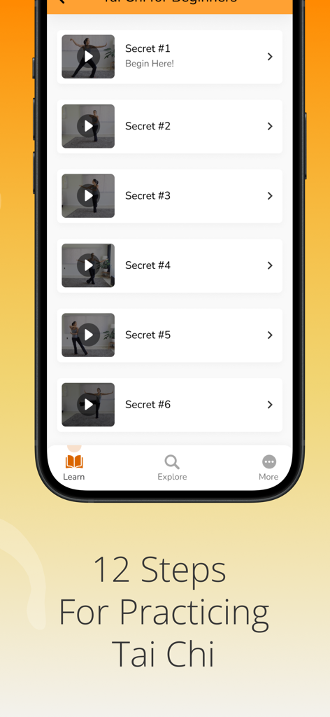 Pantalla de la aplicación Tai Chi para Principiantes Mayores mostrando una lista de lecciones en video y doce pasos para la práctica