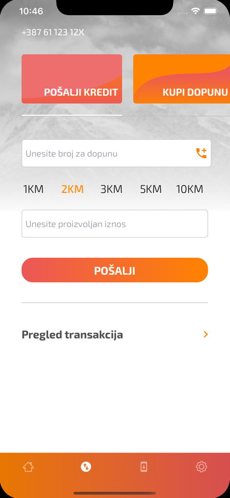 Moj BH Telecom - Interface of the Moj BH Telecom app showing the send credit screen with fields for phone number and amount