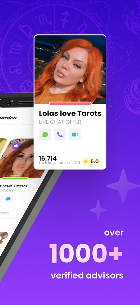 Purple Garden Psychic Reading - Profile of a top rated psychic advisor on the Purple Garden app with over 1000 verified advisors