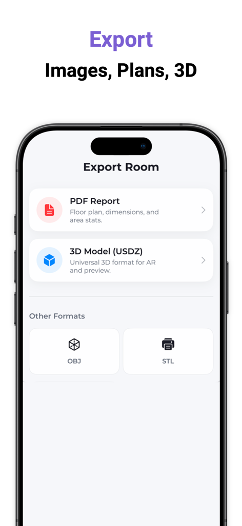 Interfaz de la aplicación Roomify mostrando opciones de exportación para informes PDF, modelos 3D y planos