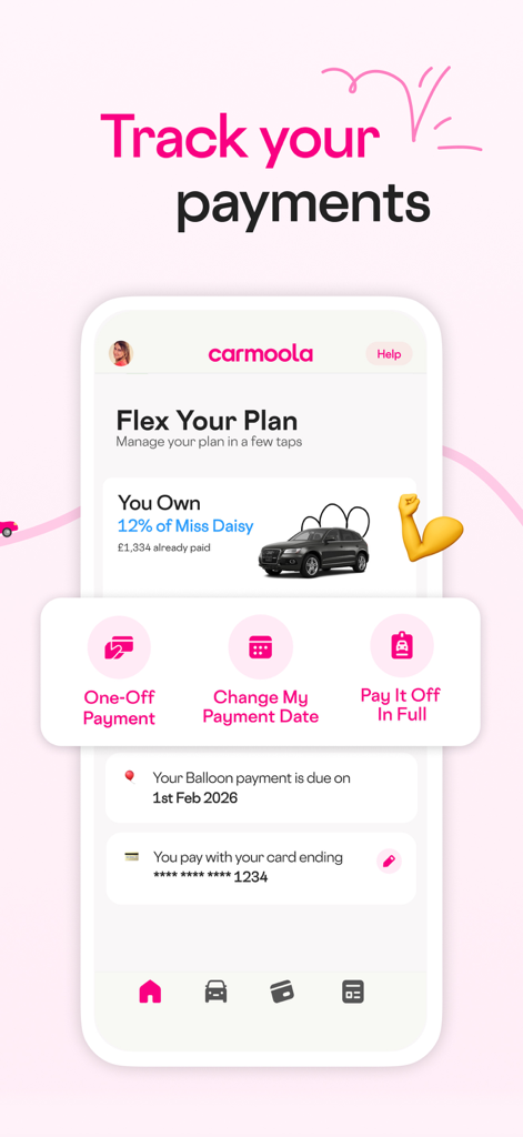 Carmoola app interface for tracking car loan payments and managing flexible payment plans