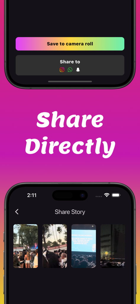 Split Video For Long Story - Interface showing direct sharing of split video clips to Instagram WhatsApp and Snapchat