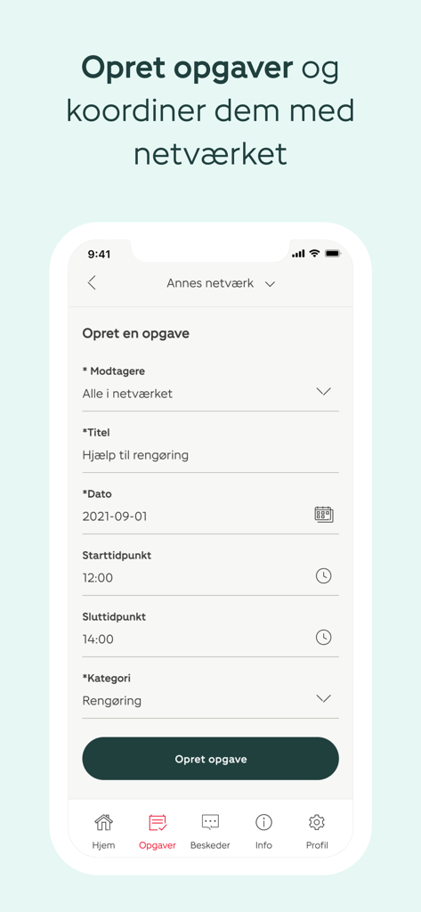 Mobile app screen for creating and coordinating support tasks within a private network