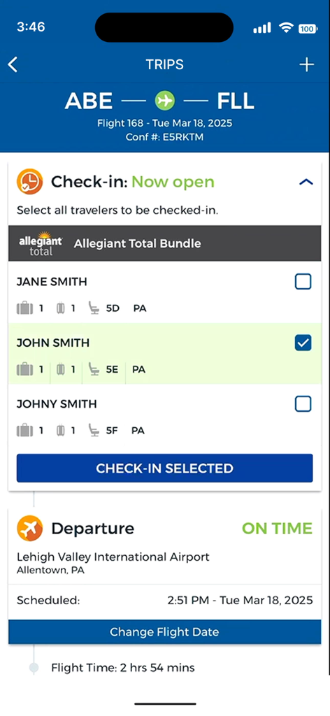 Interface da aplicação móvel Allegiant Air mostrando informações de check-in de voo e partida para uma viagem de Allentown para Fort Lauderdale.