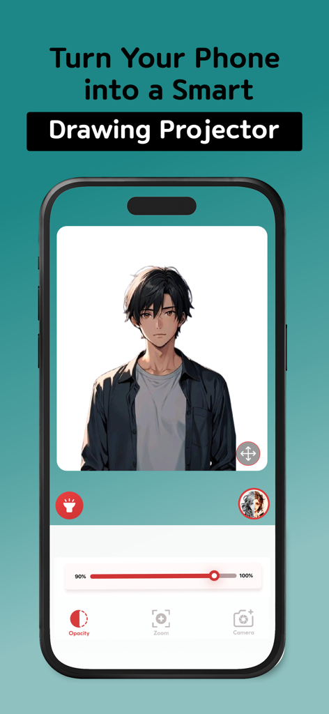 AR Drawing-Draw & Sketch in AR - AR Drawing app screen showing an anime character template with opacity and zoom controls for tracing