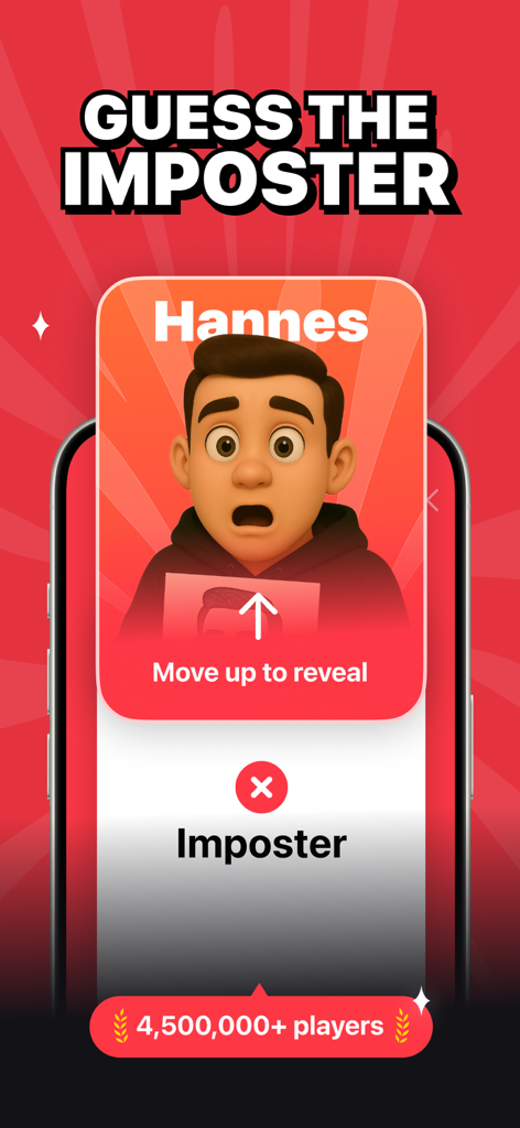 Mobile app interface for Guess the Imposter showing a character card and reveal instructions