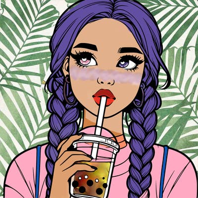realistic girl with braided hair drinking boba