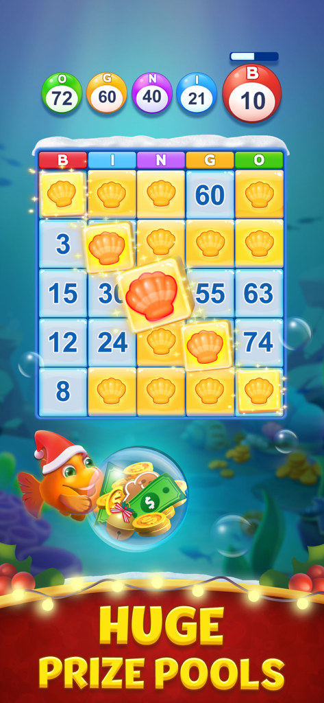 Underwater themed Bingo Clash game screen showing huge prize pools and real cash rewards